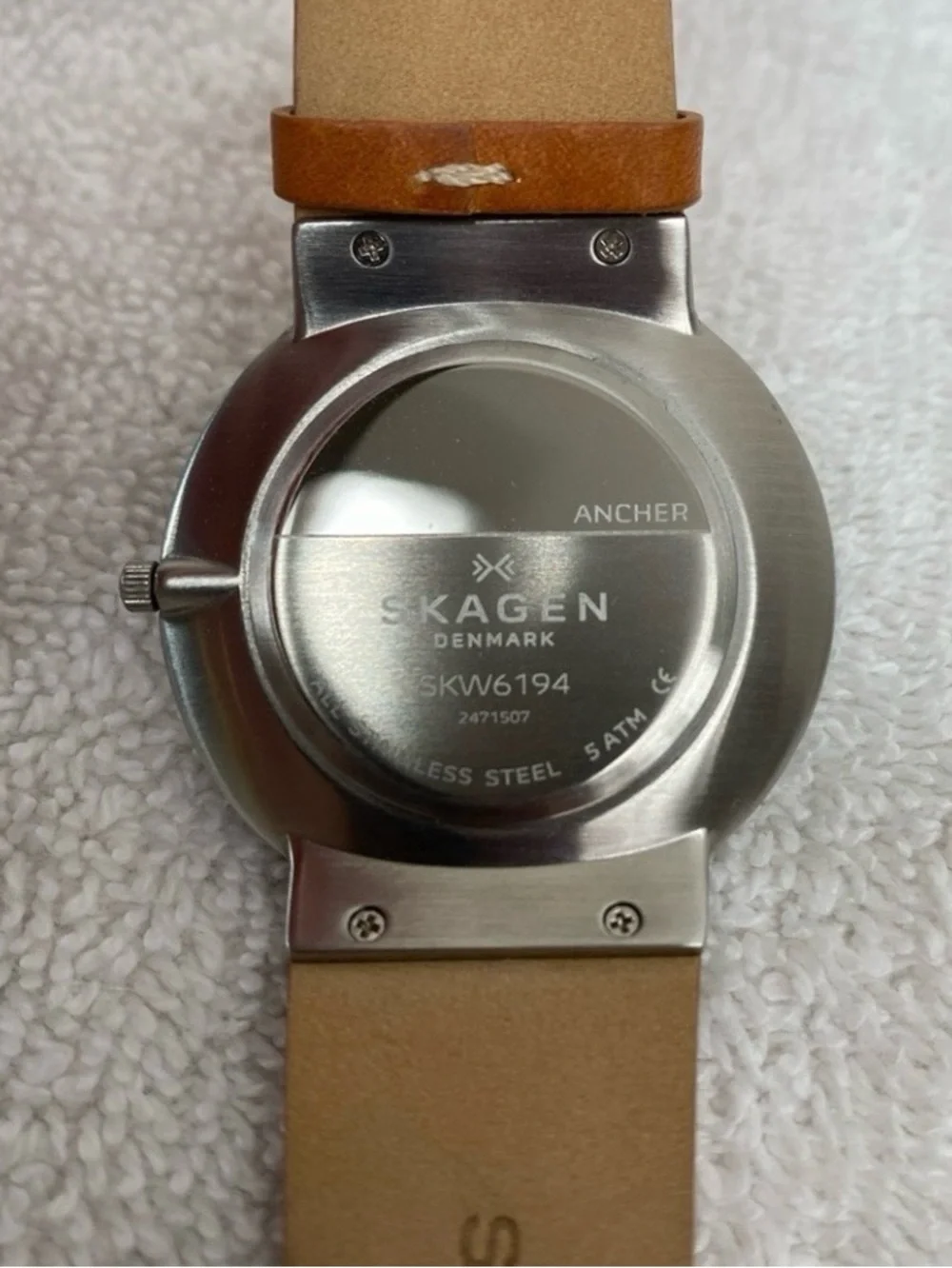 Skagen Men's Cognac Leather Ancher Gray Stainless Steel Adjustable Watch Classic